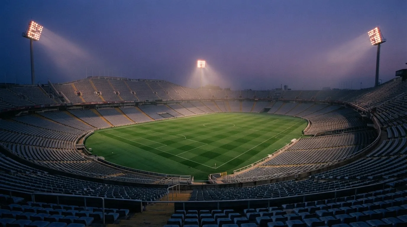 An empty football stadium with floodlight masts at dusk