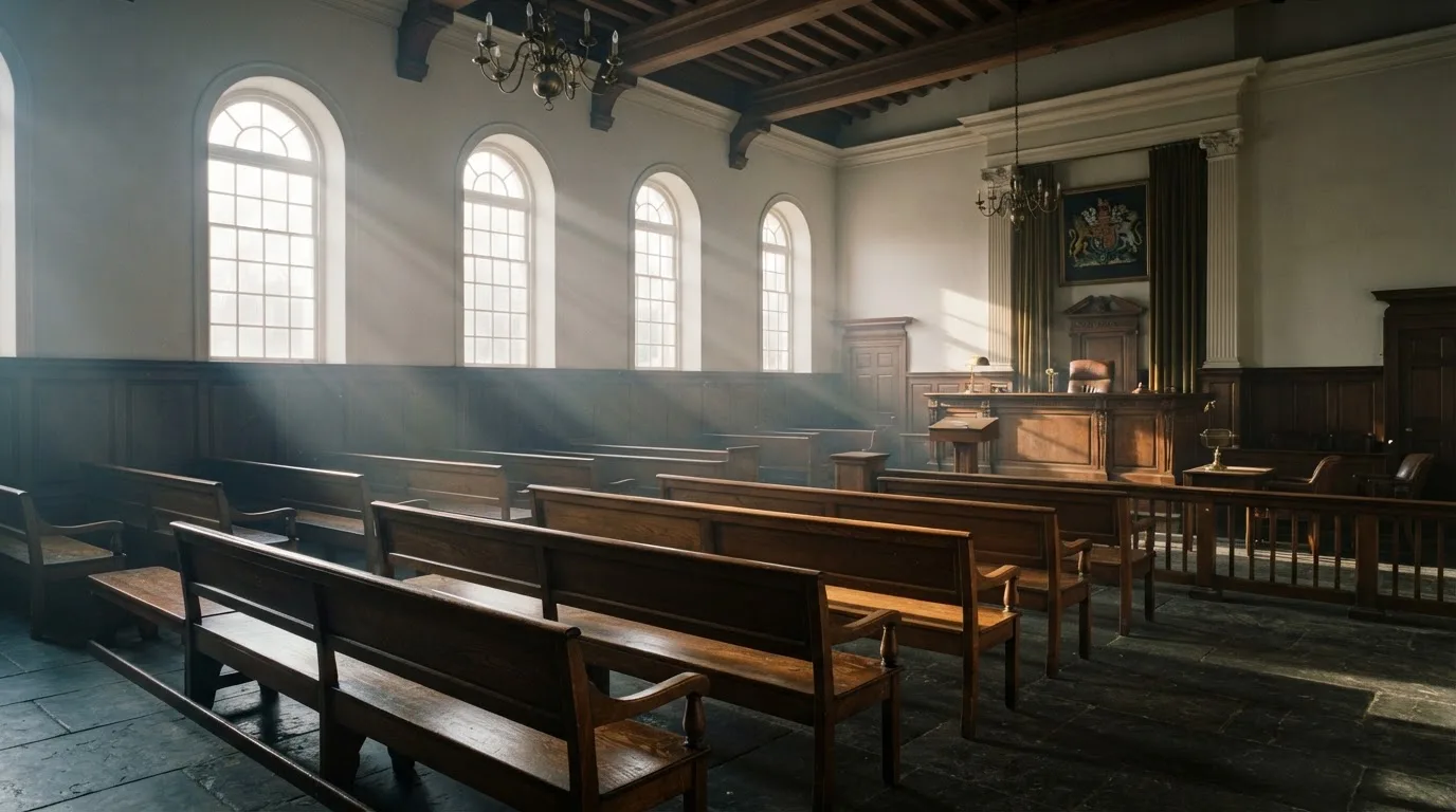 An empty courtroom with wooden benches in morning light