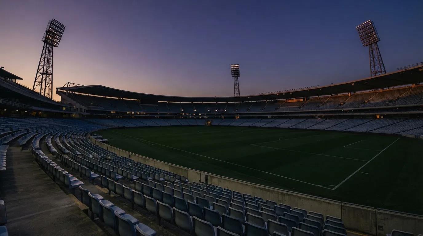 An empty football stadium with floodlight masts at dusk