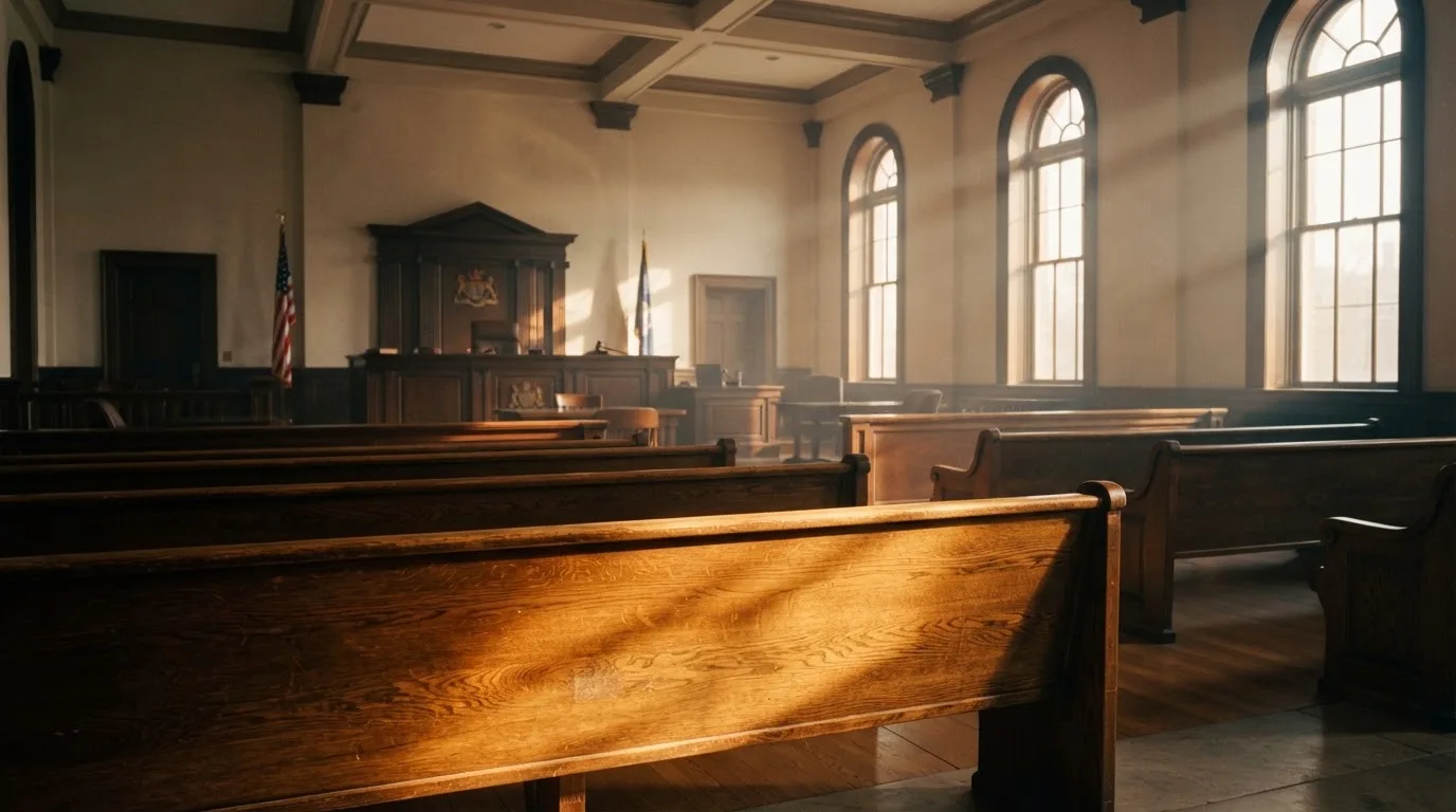 An empty courtroom with wooden benches in morning light