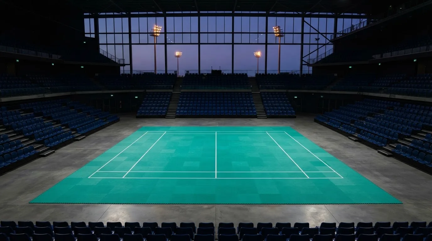 An empty football stadium with floodlight masts at dusk