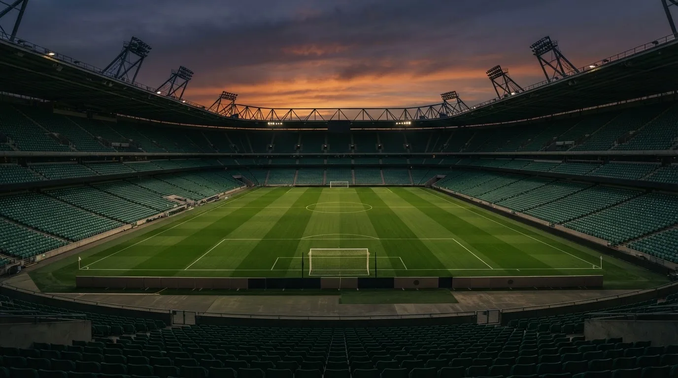 An empty football stadium with floodlight masts at dusk