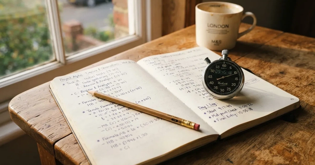 An open notebook with a pencil and a stopwatch on a wooden table
