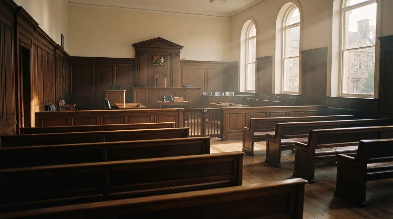 An empty courtroom with wooden benches in morning light