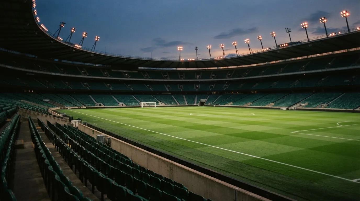 An empty football stadium with floodlight masts at dusk
