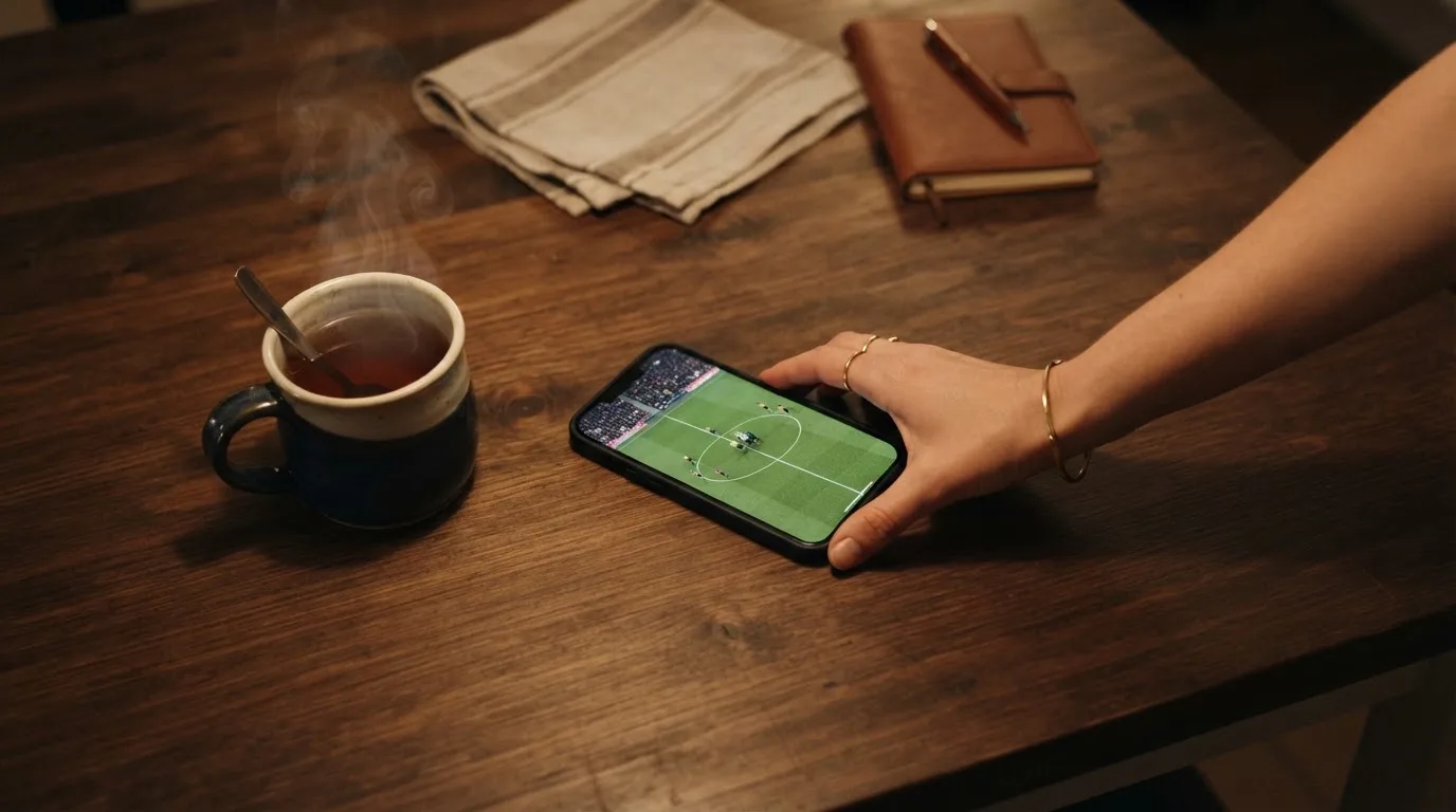 A hand setting a smartphone down beside a cup of tea on a kitchen table on a quiet evening