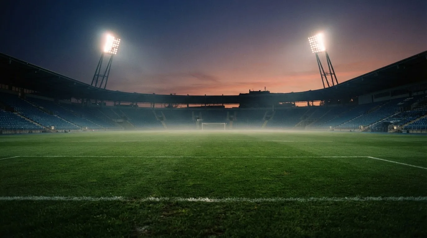 An empty football stadium with floodlight masts at dusk