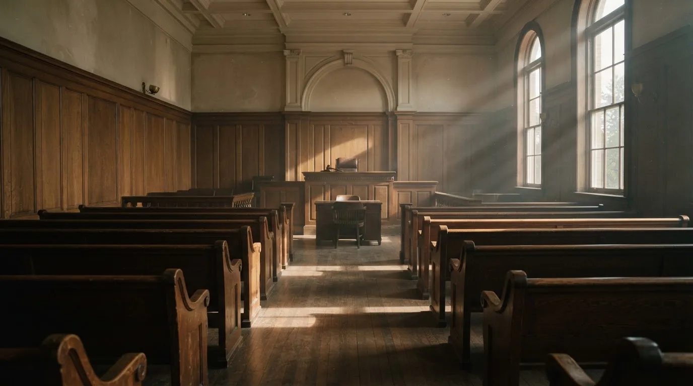 An empty courtroom with wooden benches in morning light