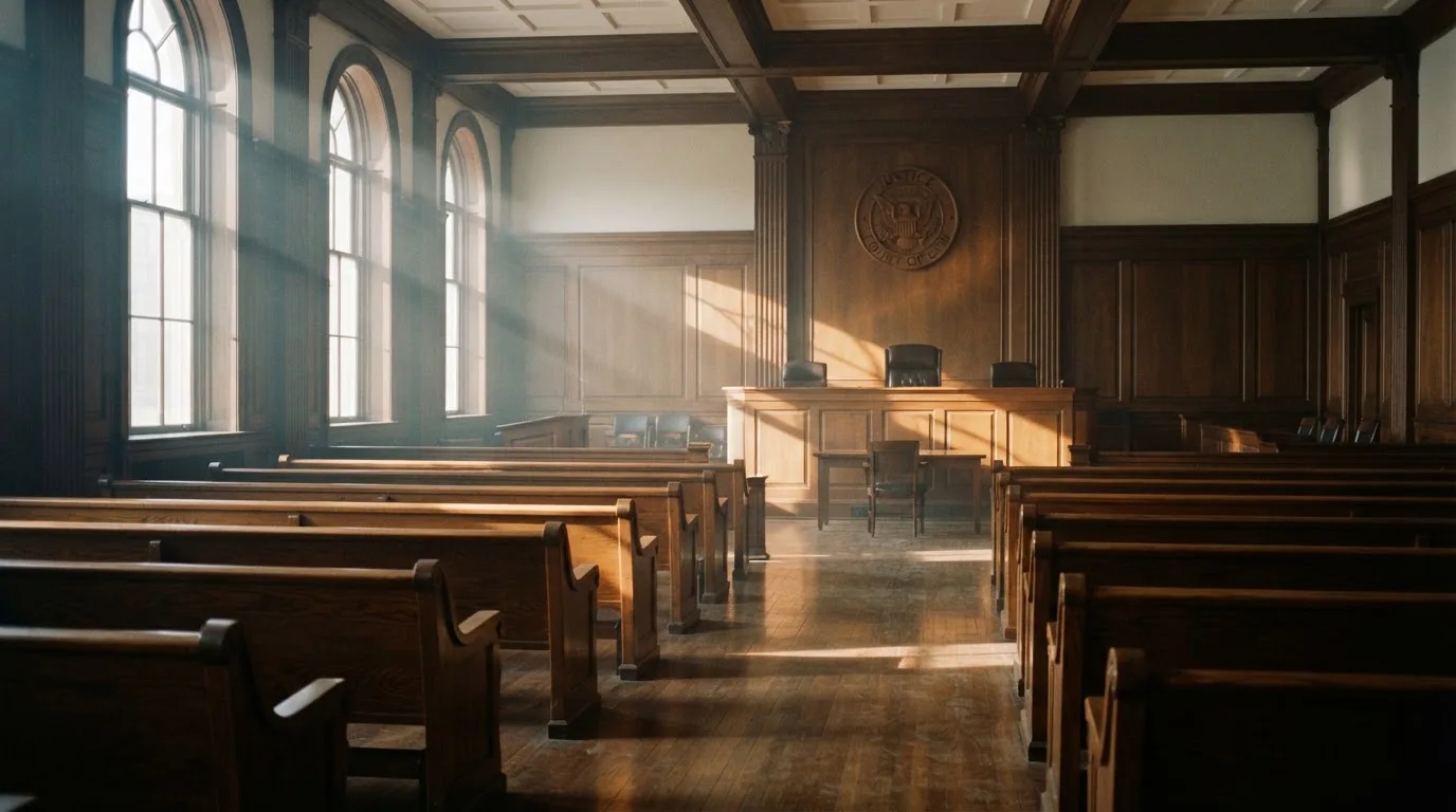 An empty courtroom with wooden benches in morning light