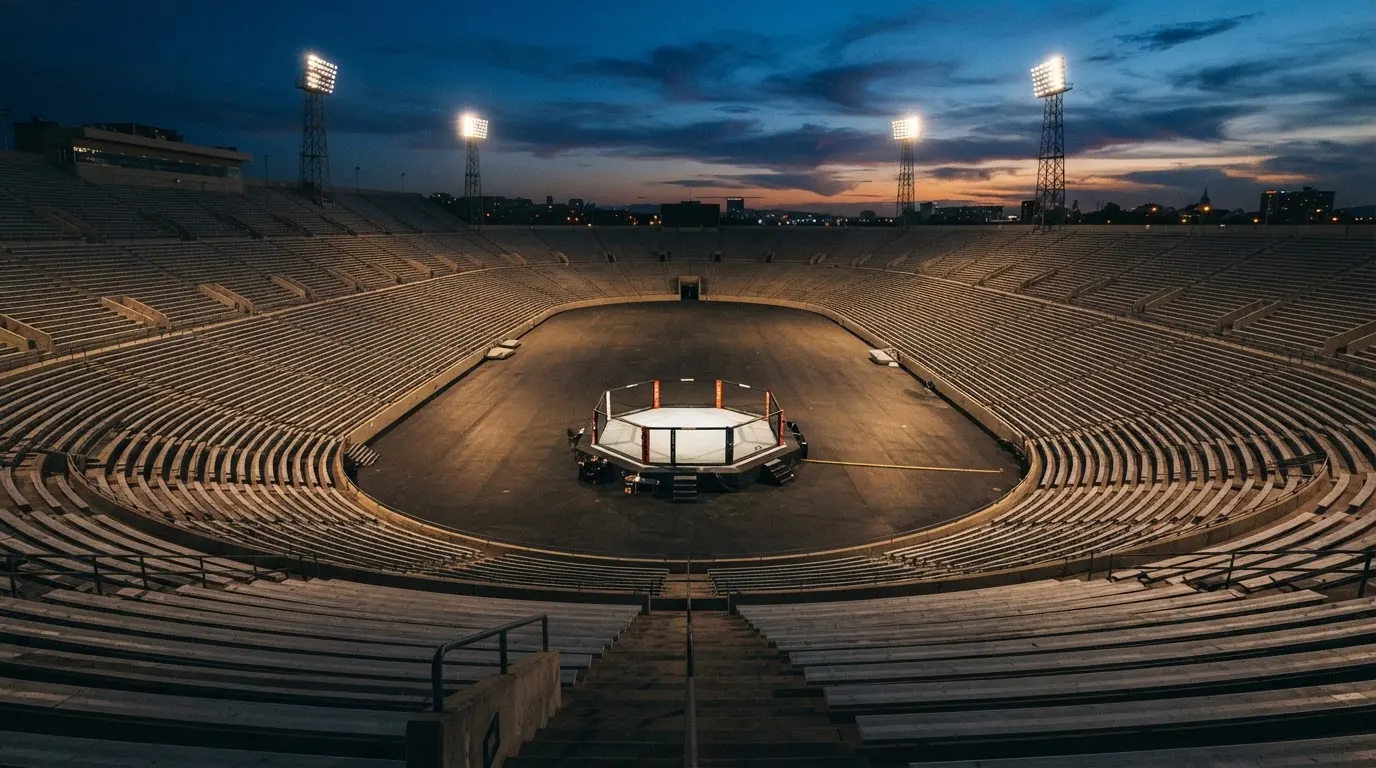 An empty football stadium with floodlight masts at dusk