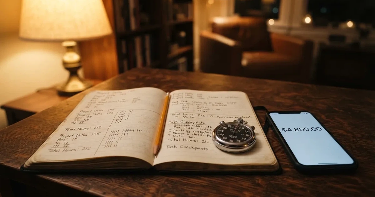 An open notebook with a pencil and a stopwatch on a wooden table