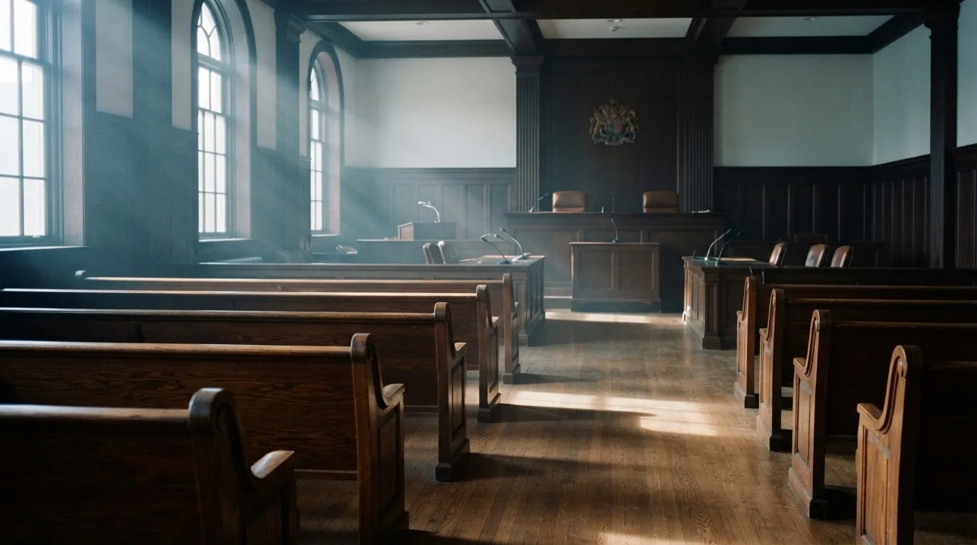 An empty courtroom with wooden benches in morning light