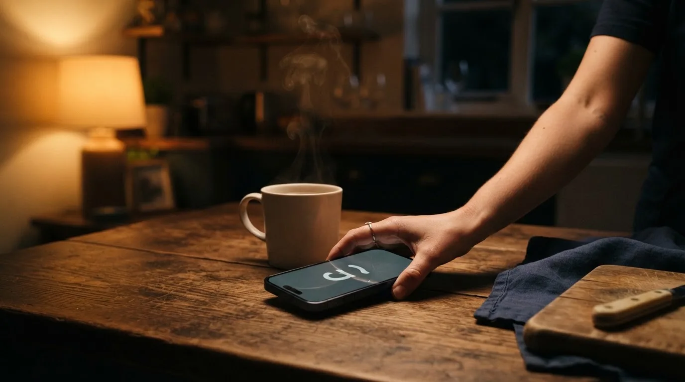 A hand setting a smartphone down beside a cup of tea on a kitchen table on a quiet evening