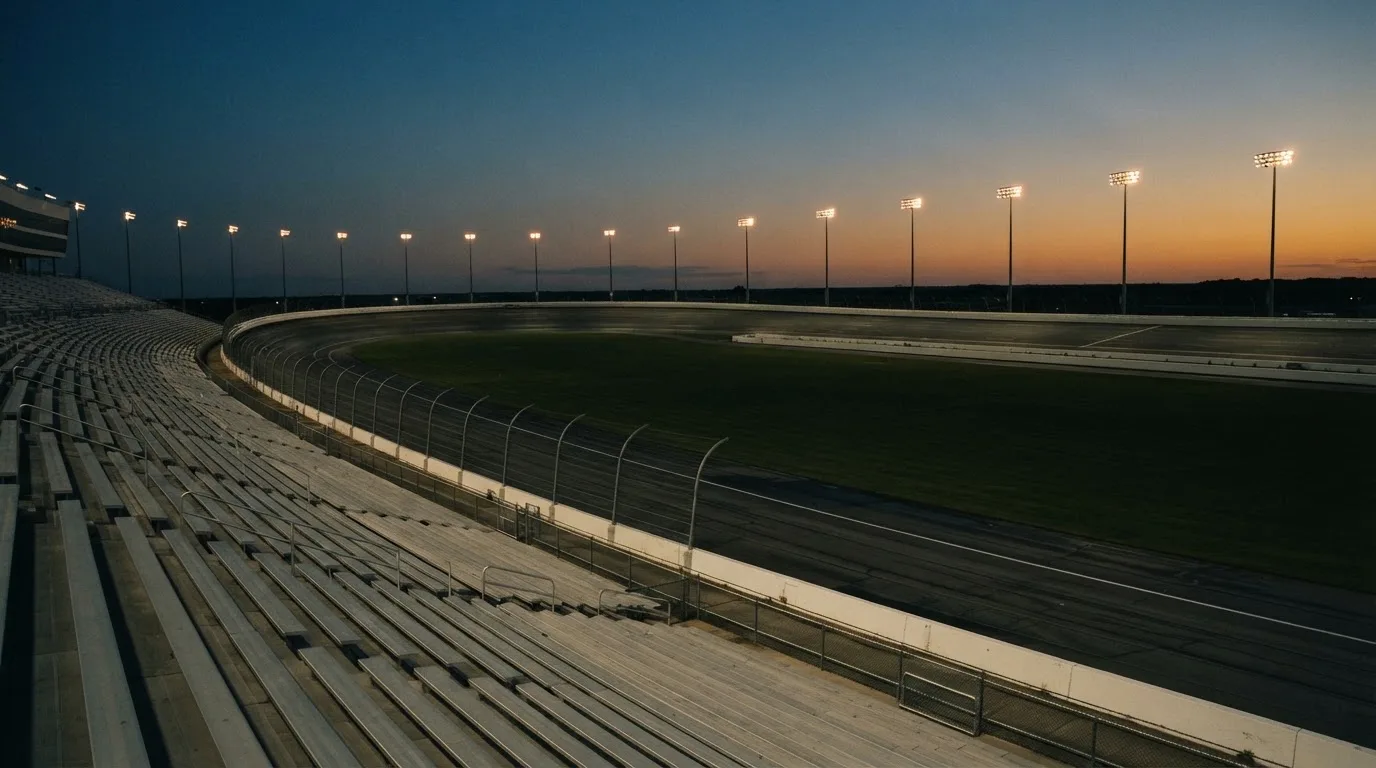 An empty football stadium with floodlight masts at dusk