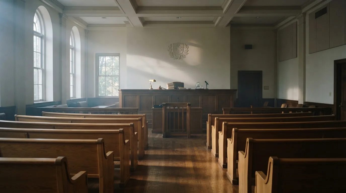 An empty courtroom with wooden benches in morning light