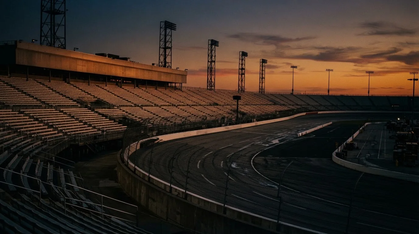 An empty football stadium with floodlight masts at dusk