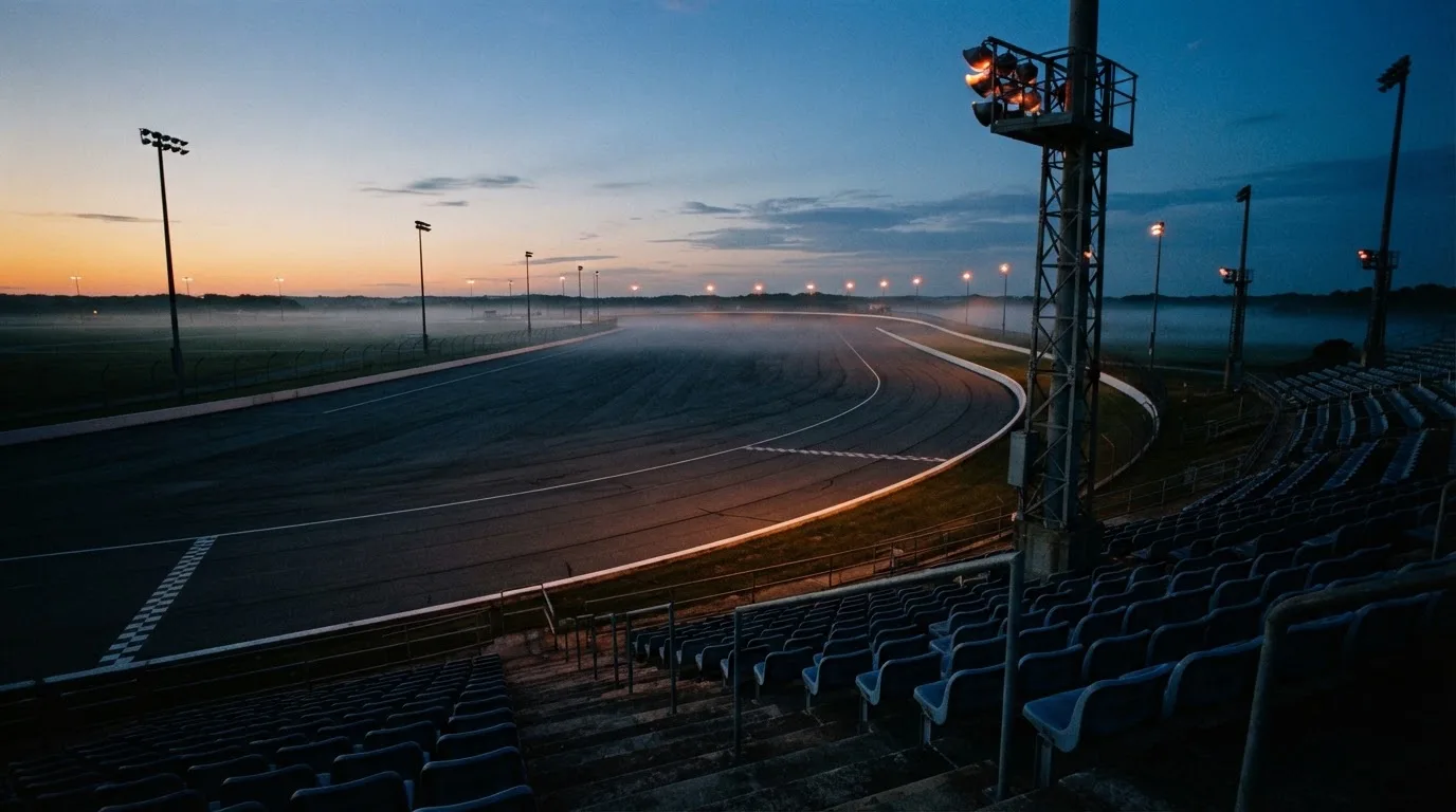 An empty football stadium with floodlight masts at dusk