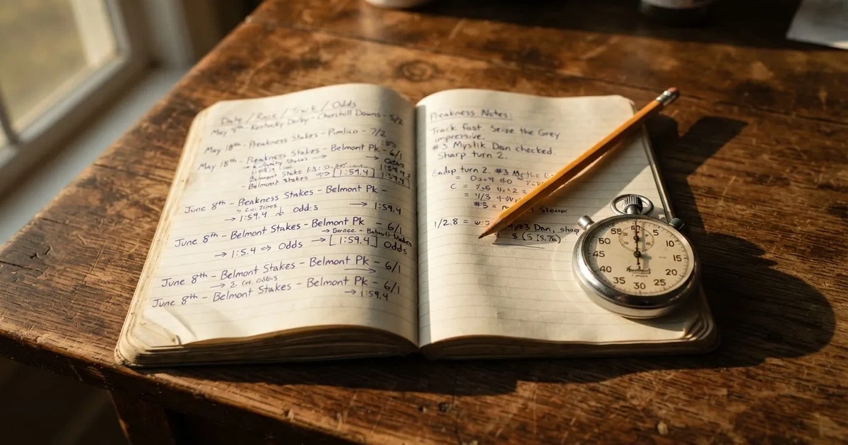 An open notebook with a pencil and a stopwatch on a wooden table