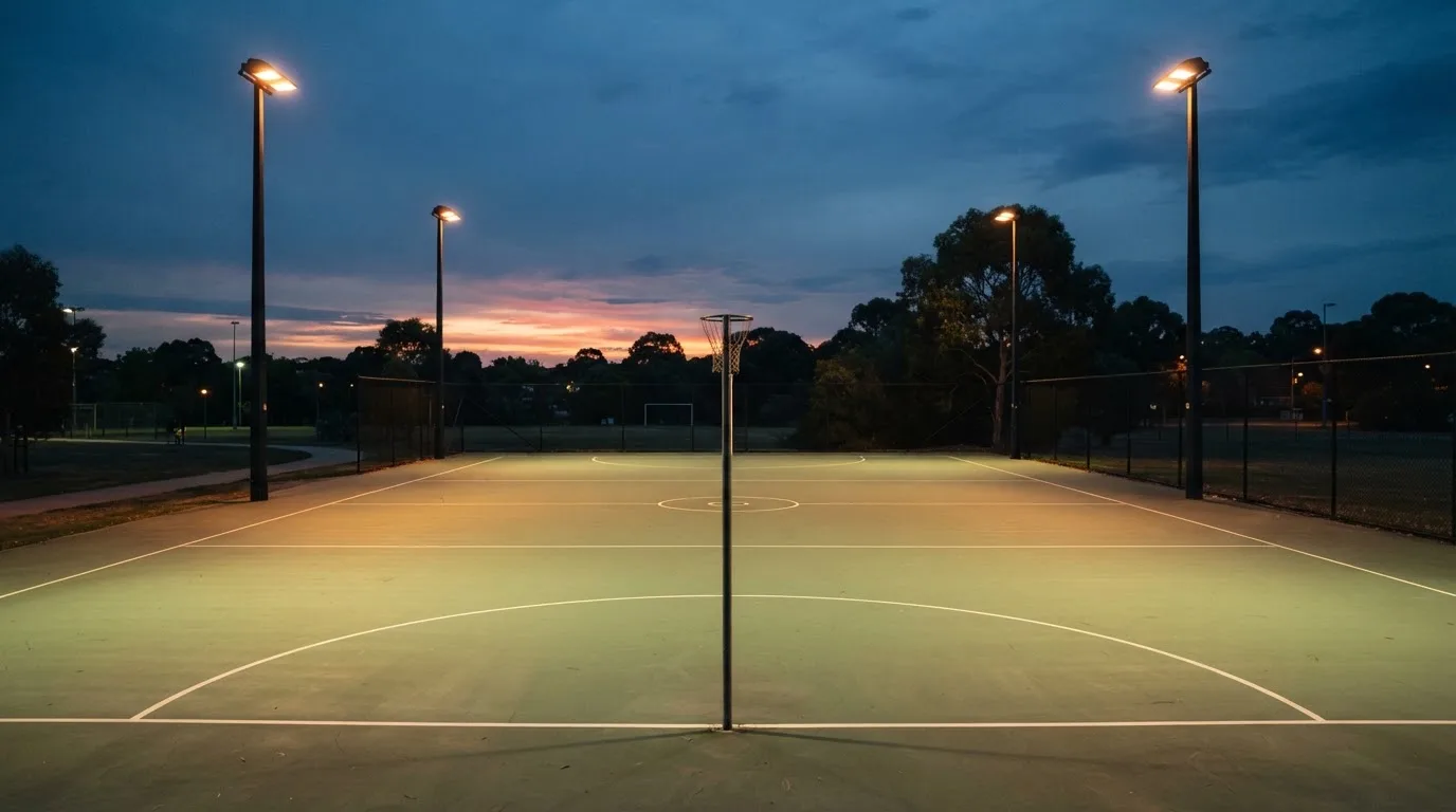 An empty football stadium with floodlight masts at dusk