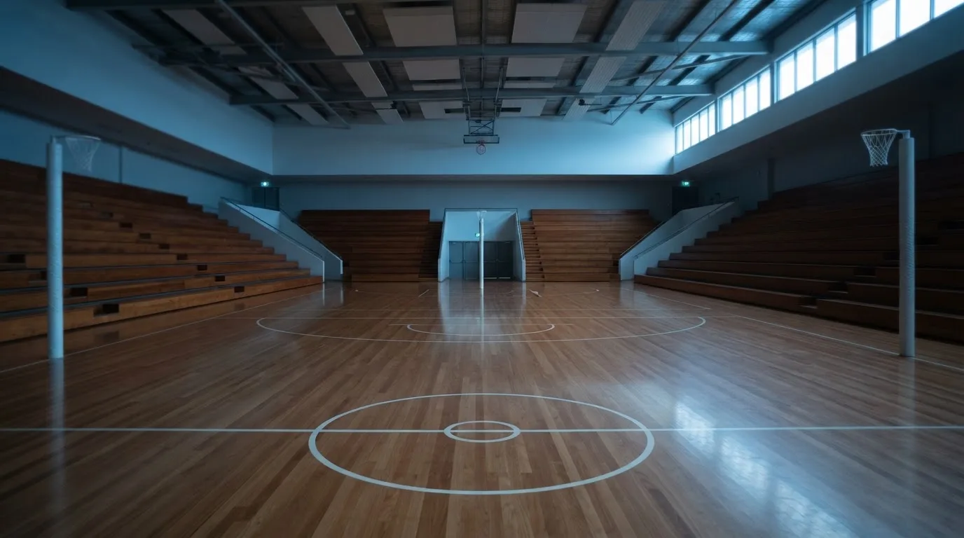 An empty courtroom with wooden benches in morning light
