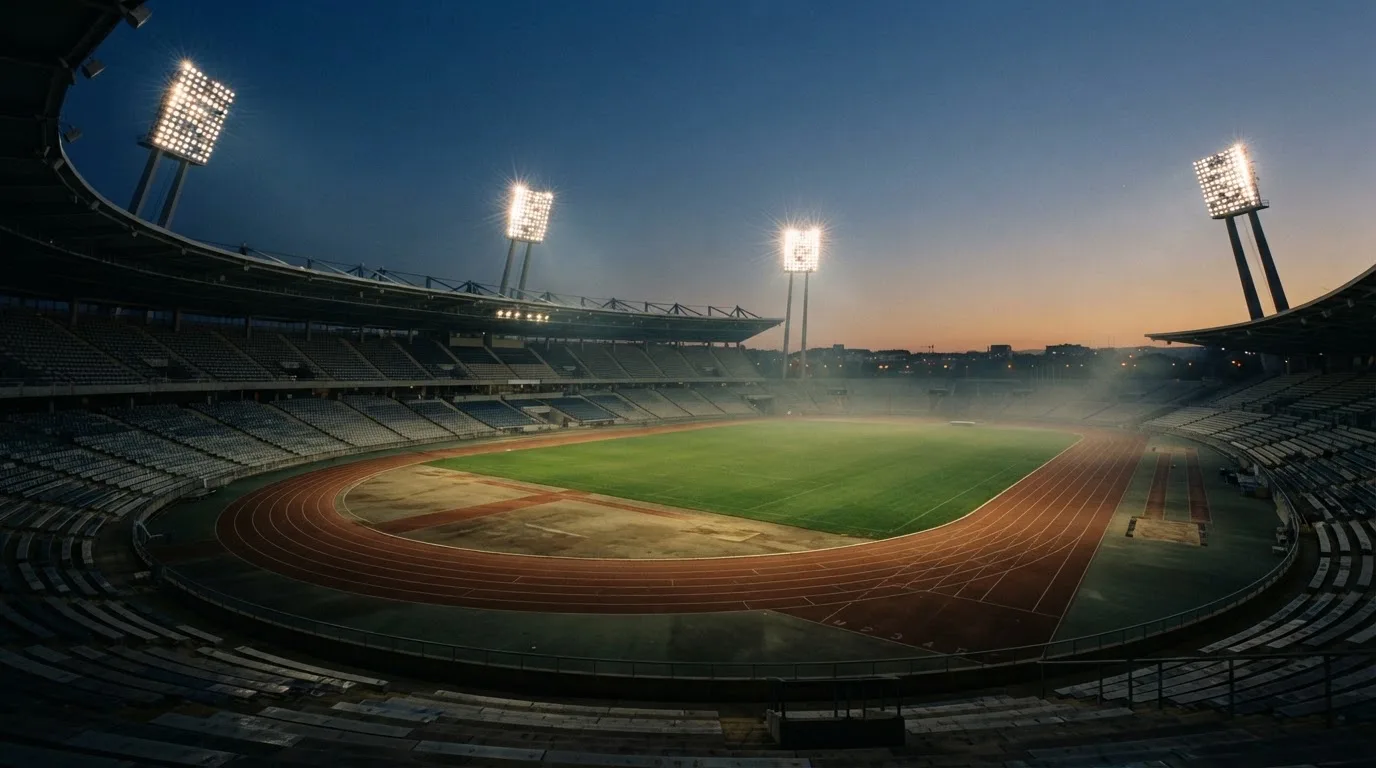 An empty football stadium with floodlight masts at dusk