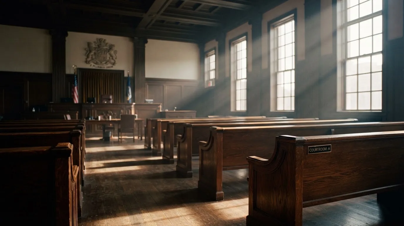 An empty courtroom with wooden benches in morning light