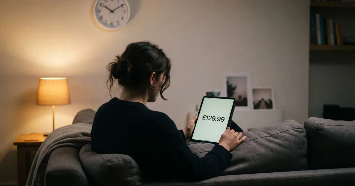 A person on a sofa looking thoughtfully at a tablet, a wall clock in the background