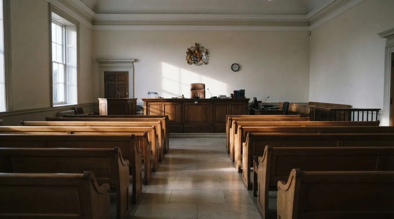 An empty courtroom with wooden benches in morning light