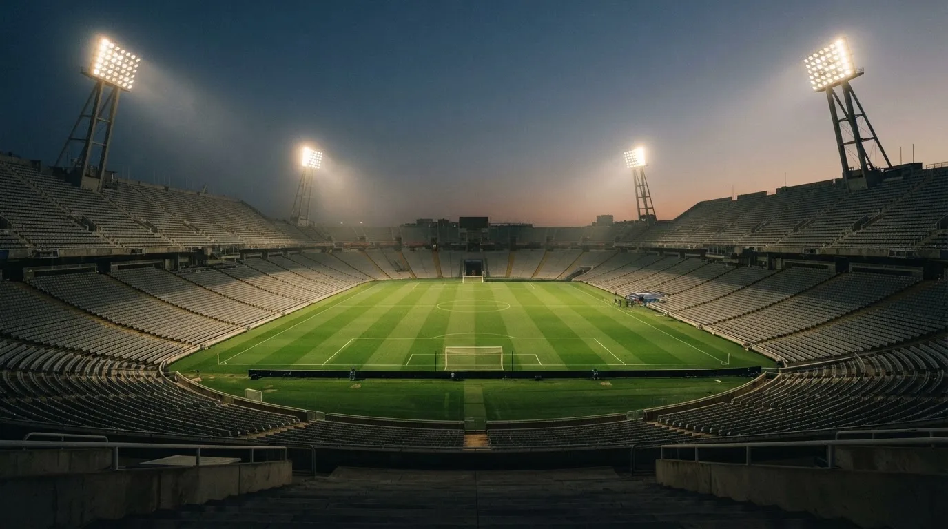 An empty football stadium with floodlight masts at dusk