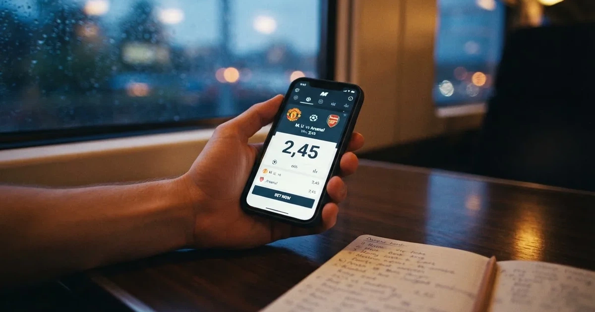 A hand holding a smartphone on a train in the evening, screen turned away
