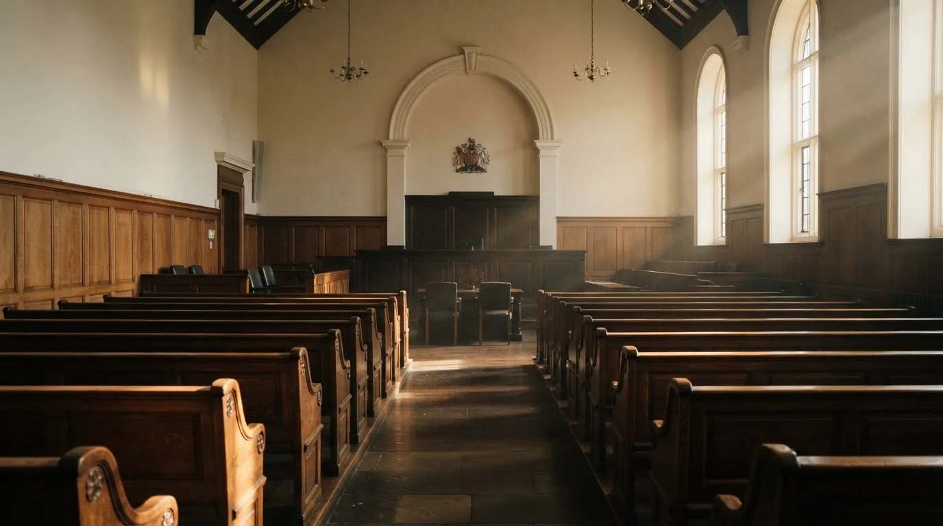 An empty courtroom with wooden benches in morning light