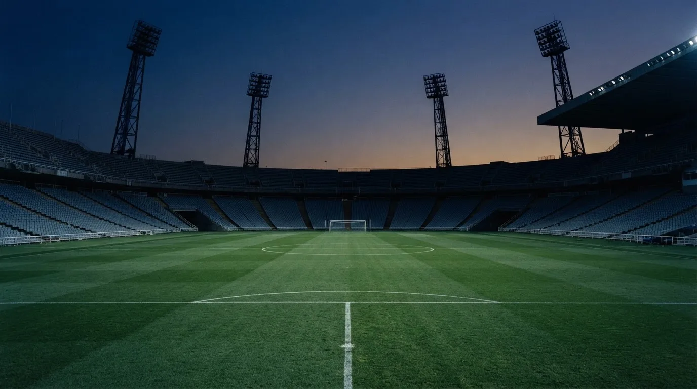 An empty football stadium with floodlight masts at dusk