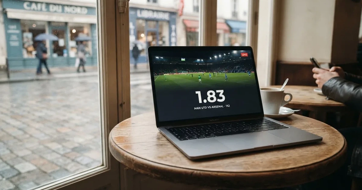 A laptop on a café table by a window onto the street
