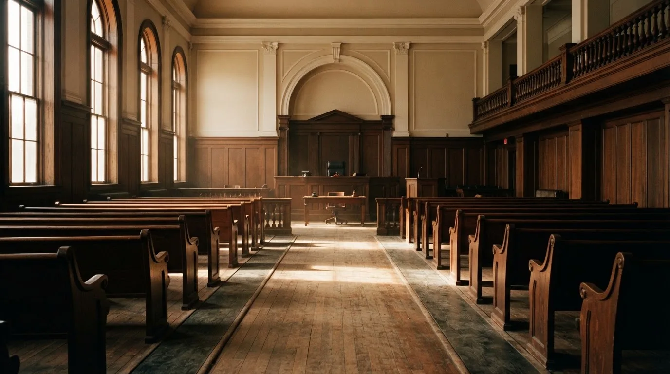 An empty courtroom with wooden benches in morning light
