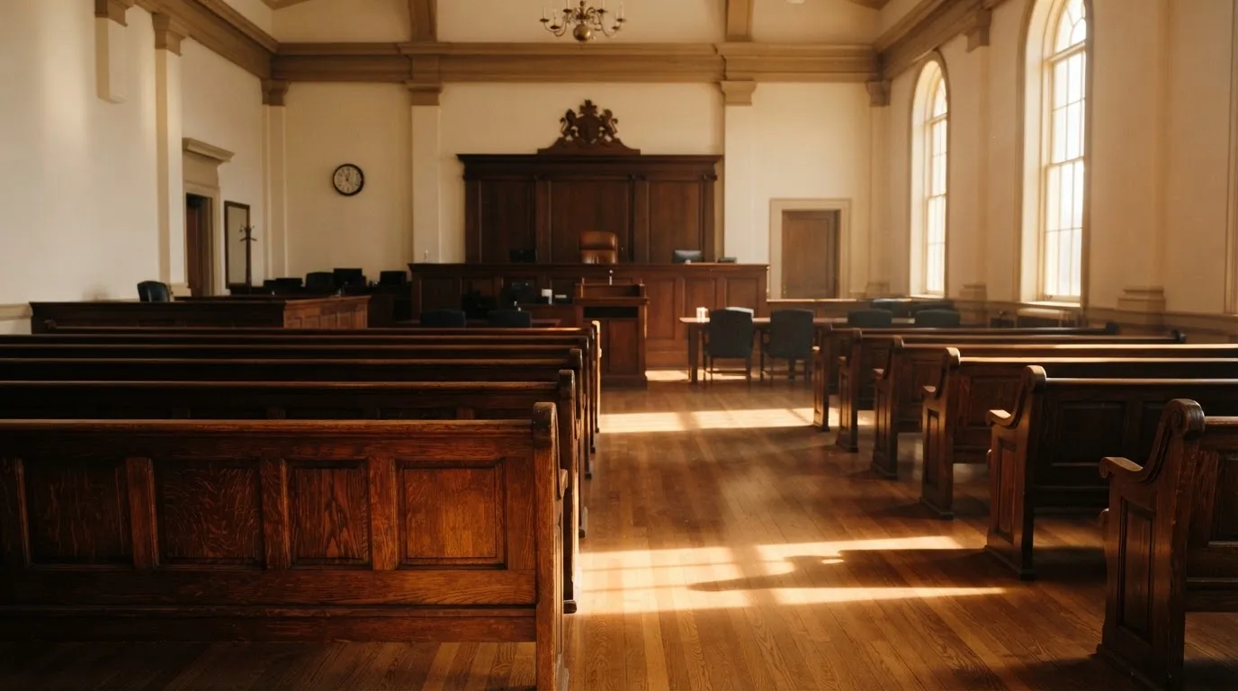 An empty courtroom with wooden benches in morning light