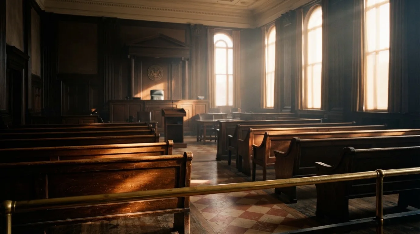 An empty courtroom with wooden benches in morning light
