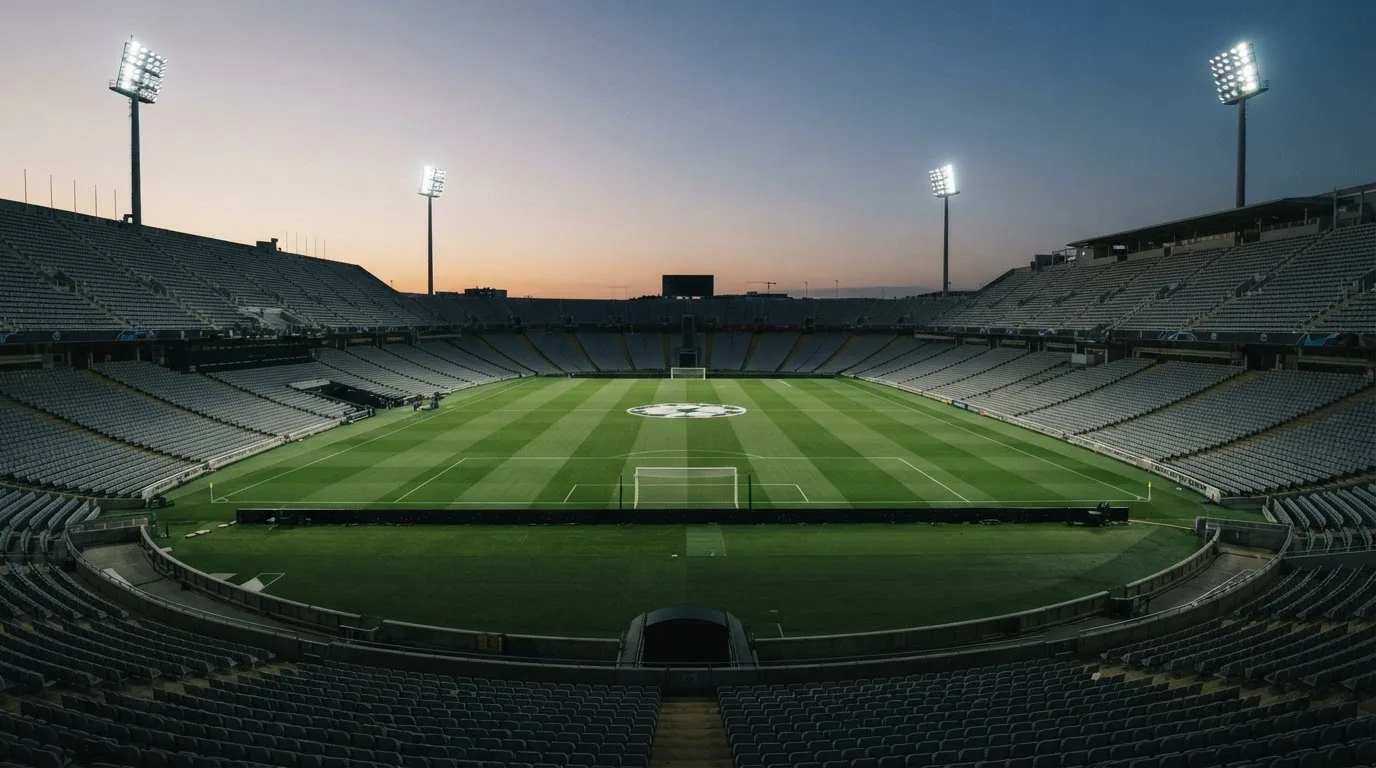 An empty football stadium with floodlight masts at dusk