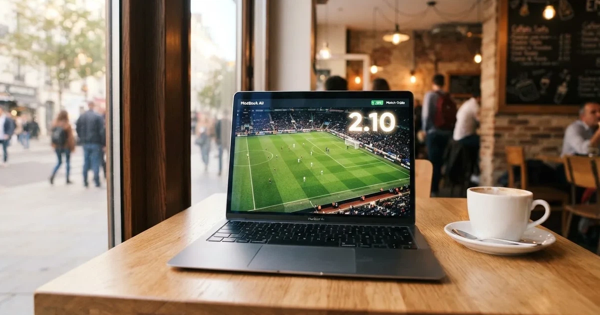 A laptop on a café table by a window onto the street