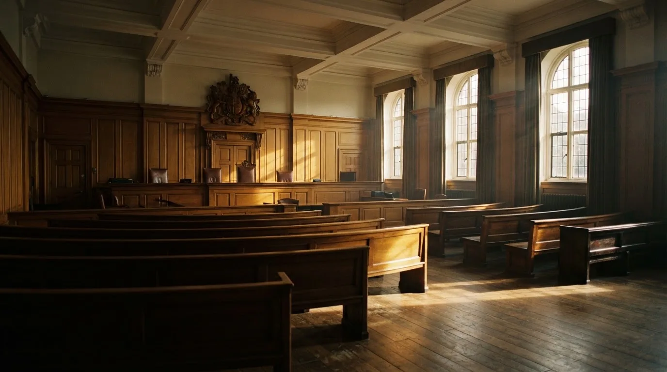 An empty courtroom with wooden benches in morning light