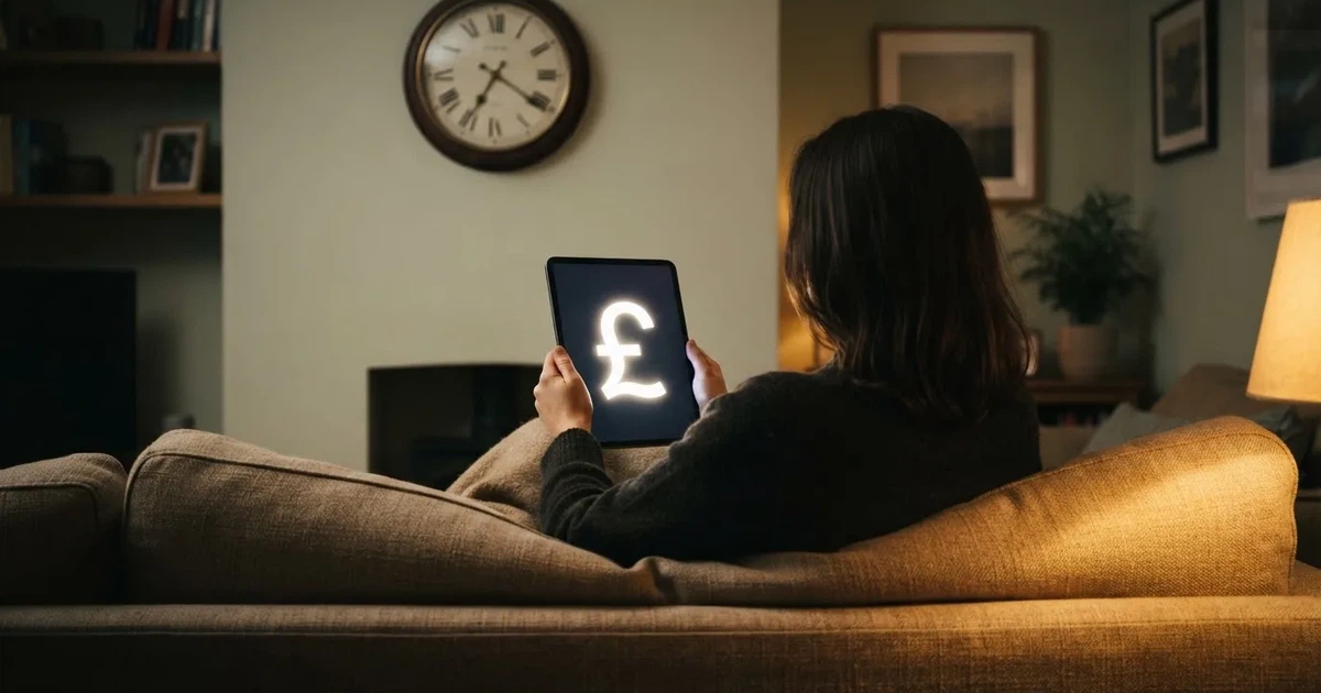 A person on a sofa looking thoughtfully at a tablet, a wall clock in the background