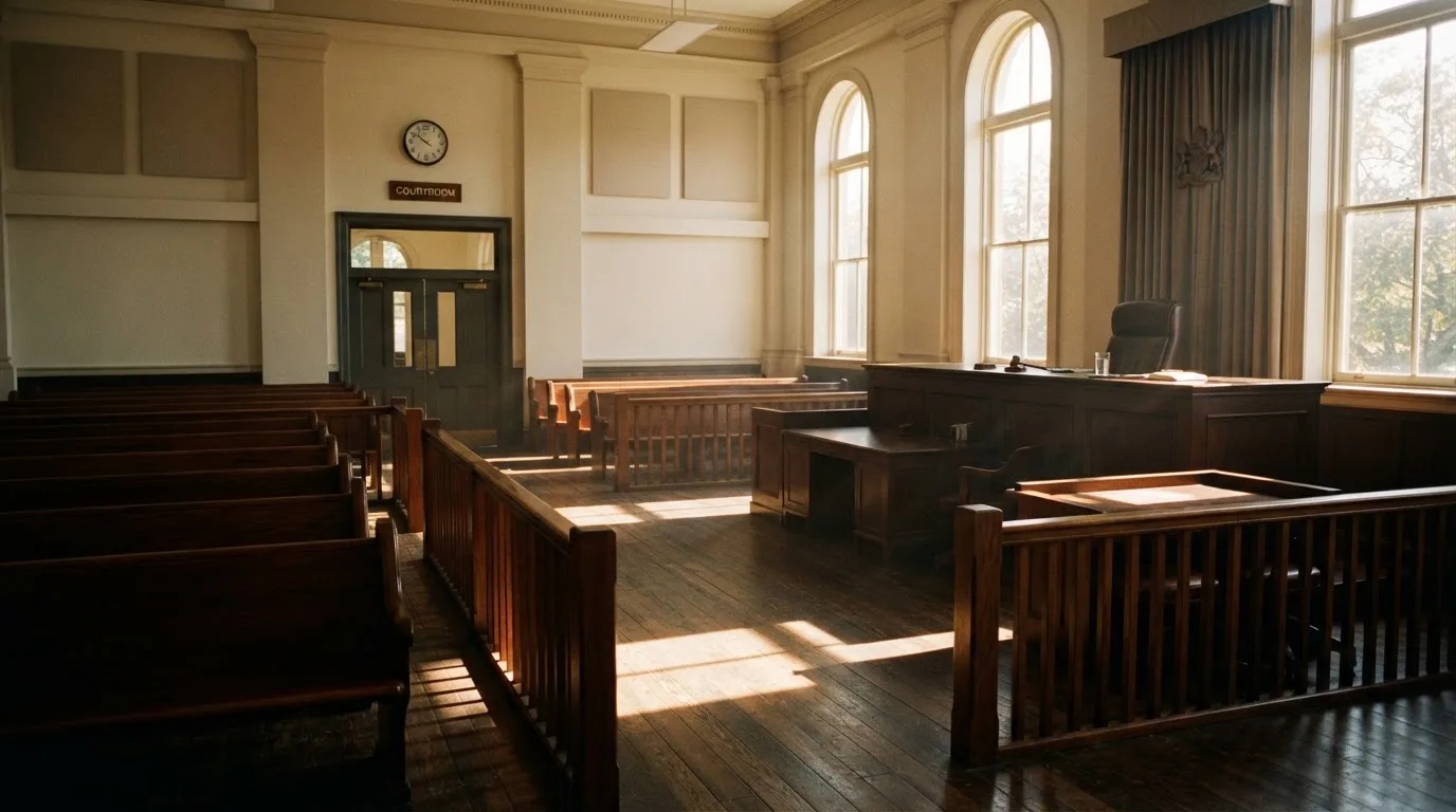 An empty courtroom with wooden benches in morning light