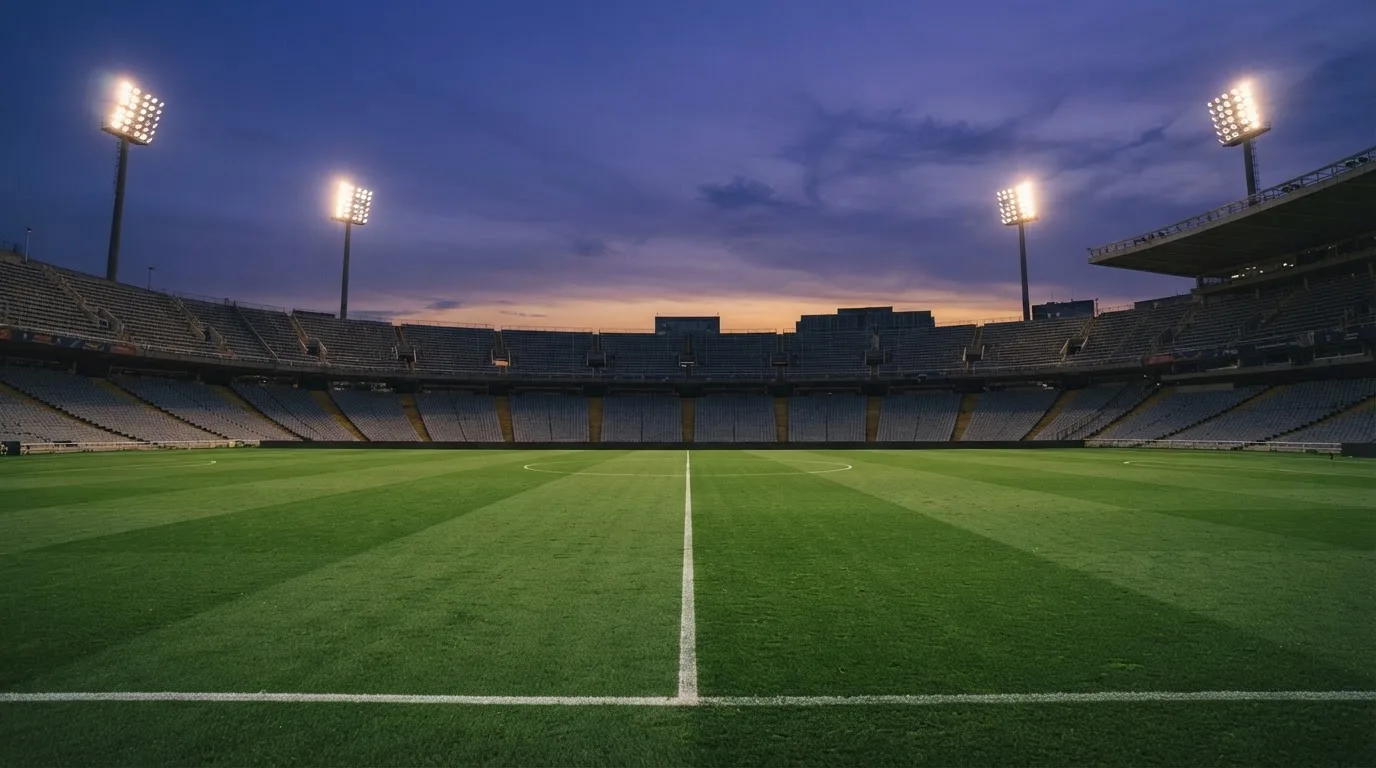 An empty football stadium with floodlight masts at dusk