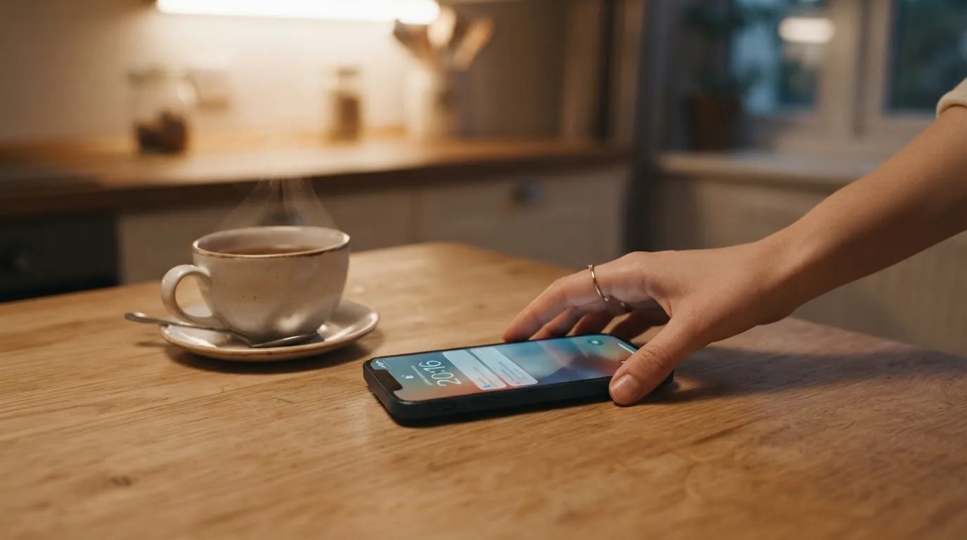 A hand setting a smartphone down beside a cup of tea on a kitchen table on a quiet evening