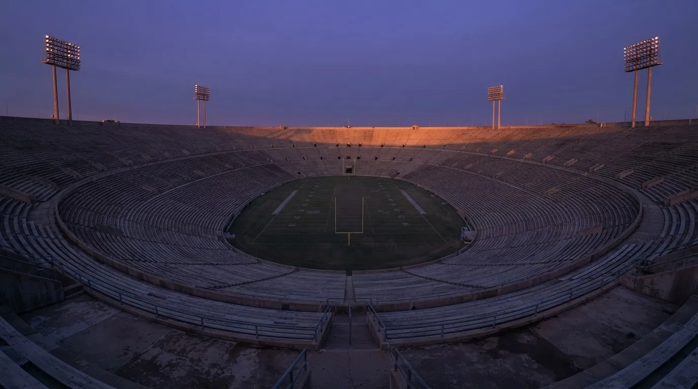 An empty football stadium with floodlight masts at dusk