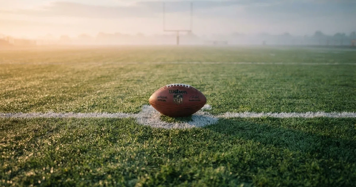 A ball on the centre spot of a grass pitch in morning light