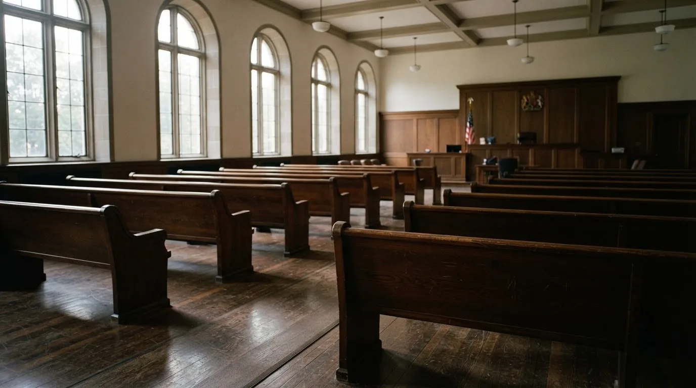 An empty courtroom with wooden benches in morning light
