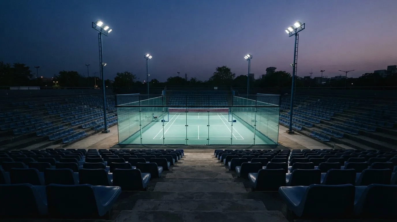 An empty football stadium with floodlight masts at dusk