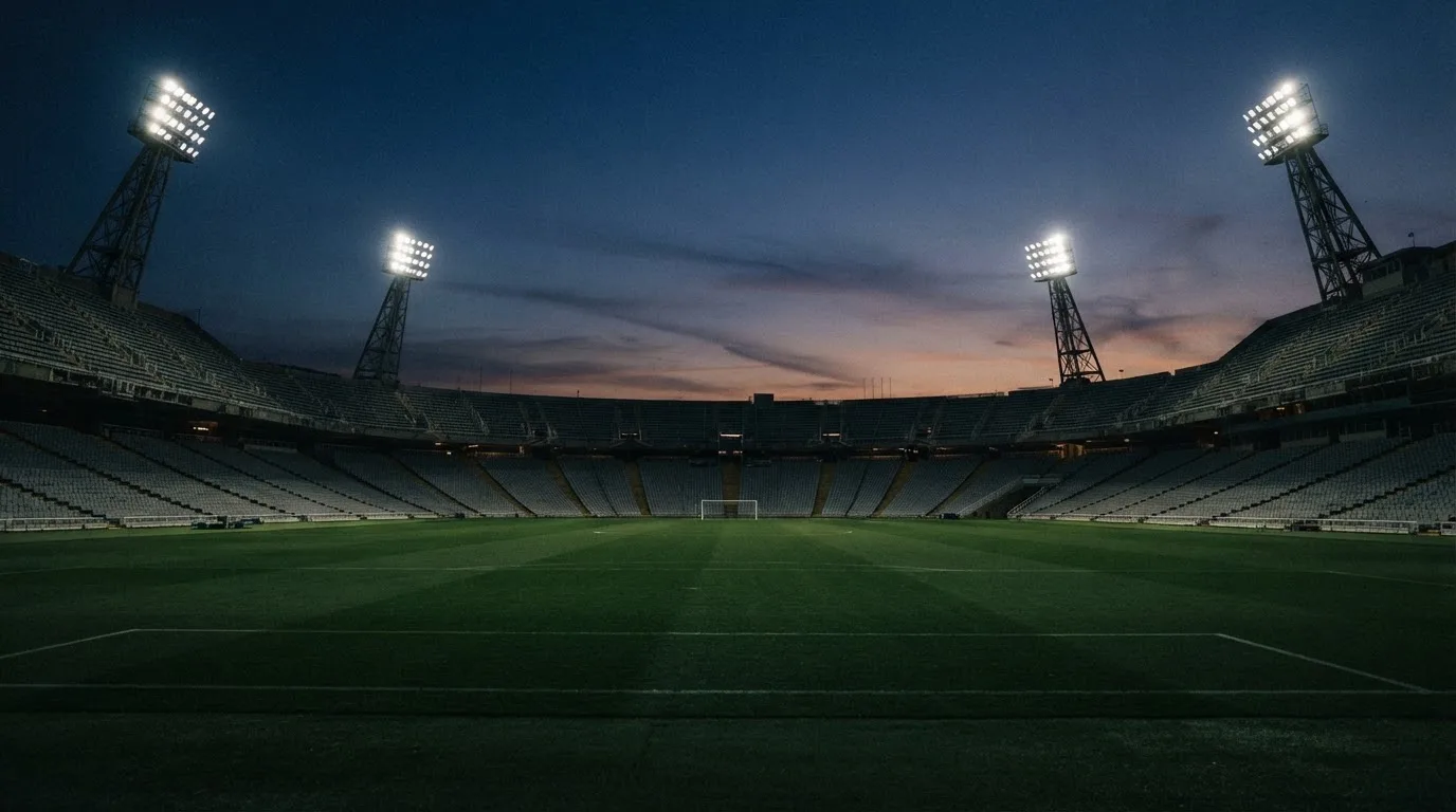 An empty football stadium with floodlight masts at dusk