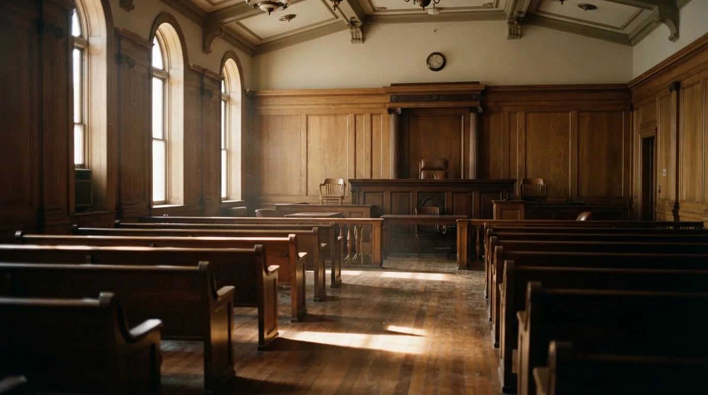An empty courtroom with wooden benches in morning light