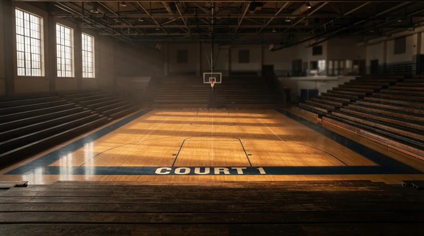 An empty courtroom with wooden benches in morning light